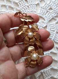 Stara piękna duża złota perełki kwiatki bukiet broszka metalowa