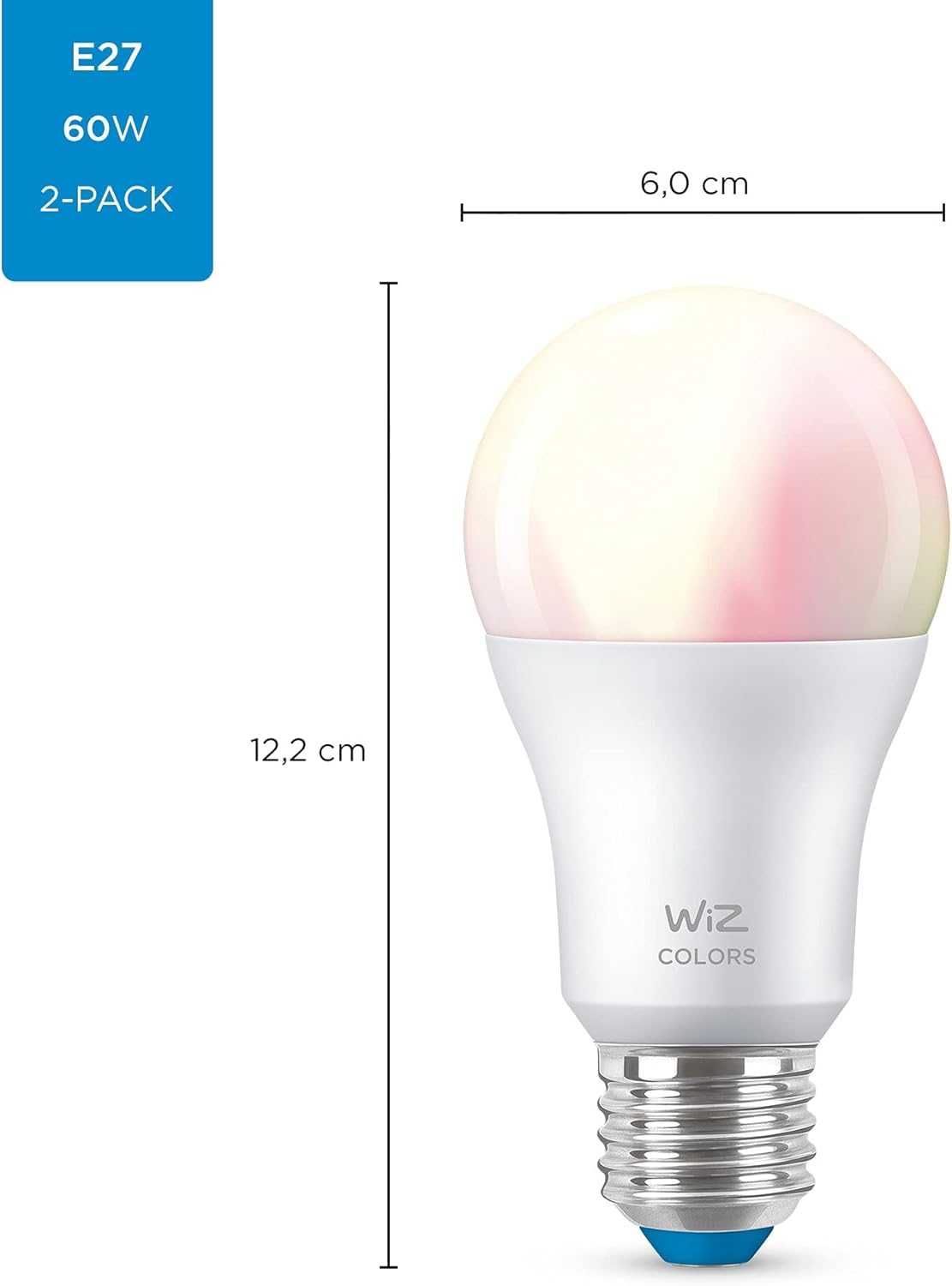 Pack 2 Lâmpadas Inteligentes WiZ Led RGB + Branco – E27, 60W Novo