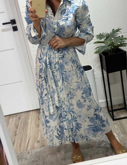 Reserved dluga koszulowa sukienka w kwiaty len i wiskoza