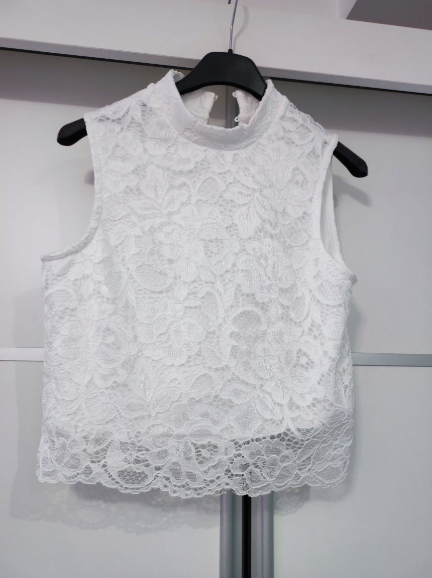 Crop top biały koronkowy nowy bez rękawów even&odd S