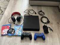 Playstation 4 slim 2 Pady 3 gry ładowarka słuchawki komplet jak na zdj