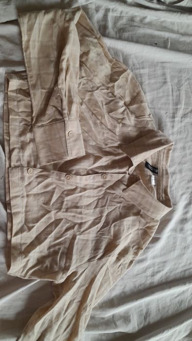 Koszula crop top w kratę krótka odkryty brzuch beżowa kremowa