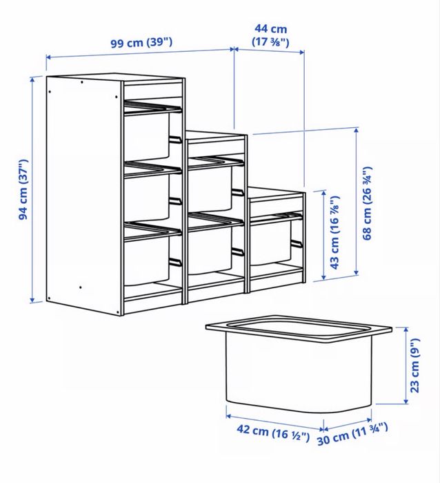 Regał IKEA trofast pojemnikami, biały/szary, 99x44x94 cm