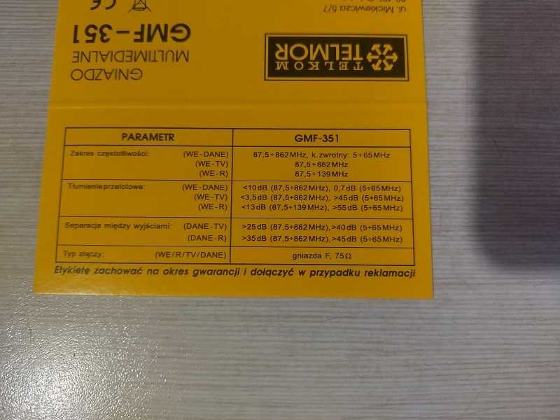 Gniazdo Multimedialne natynkowe Telkom Telmor GMF-351 z osłoną. Nowe.