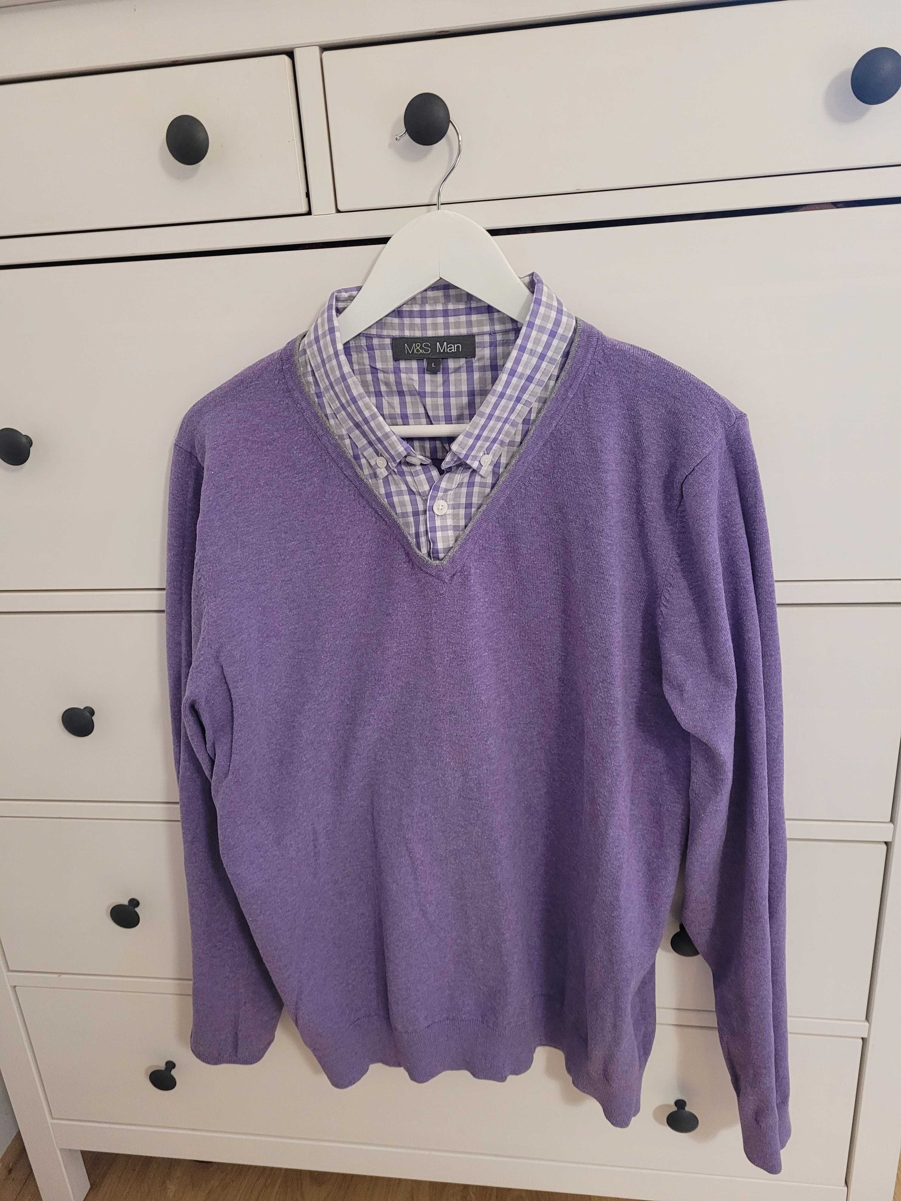 Sweter L M&S wstawka koszulowa lawendowy bawełna bdb