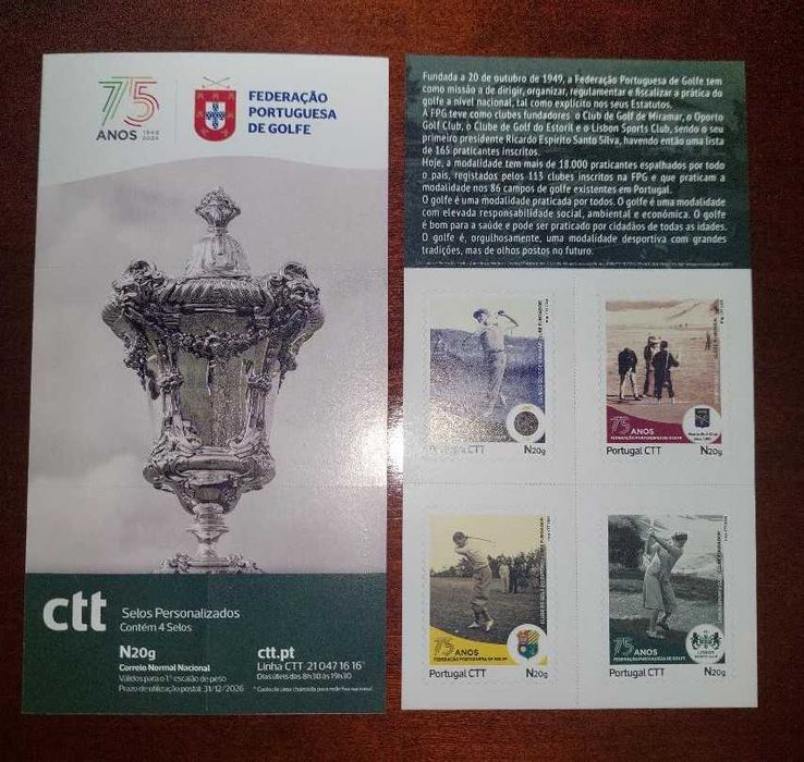 75 Anos Federaçao Portuguesa Golfe - bk CTT 4 selos auto adesivos 2024