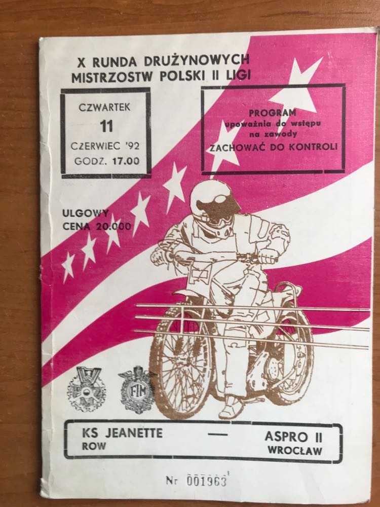 Program żużlowy DMP II Ligi Jeanette Row - Aspro II Wrocław [1992r.]