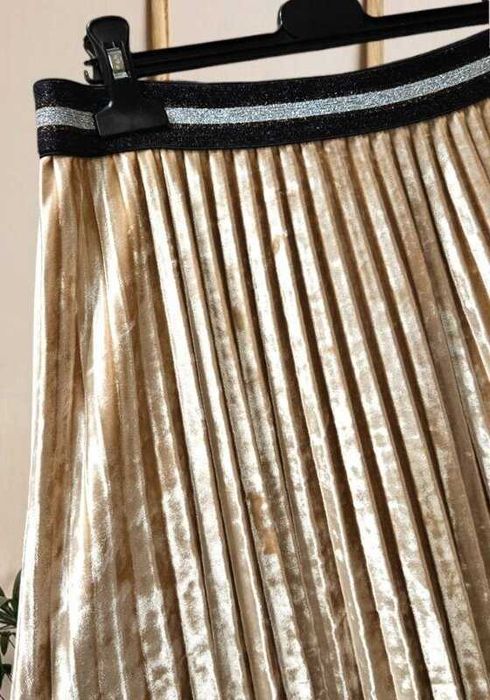 Юбка миди бархат золотисто-бежевая Marks&Spencer, плиссе, р. S/M