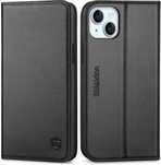 Shieldon naturalne skórzane Etui z klapką do iPhone 15 Plus czarne