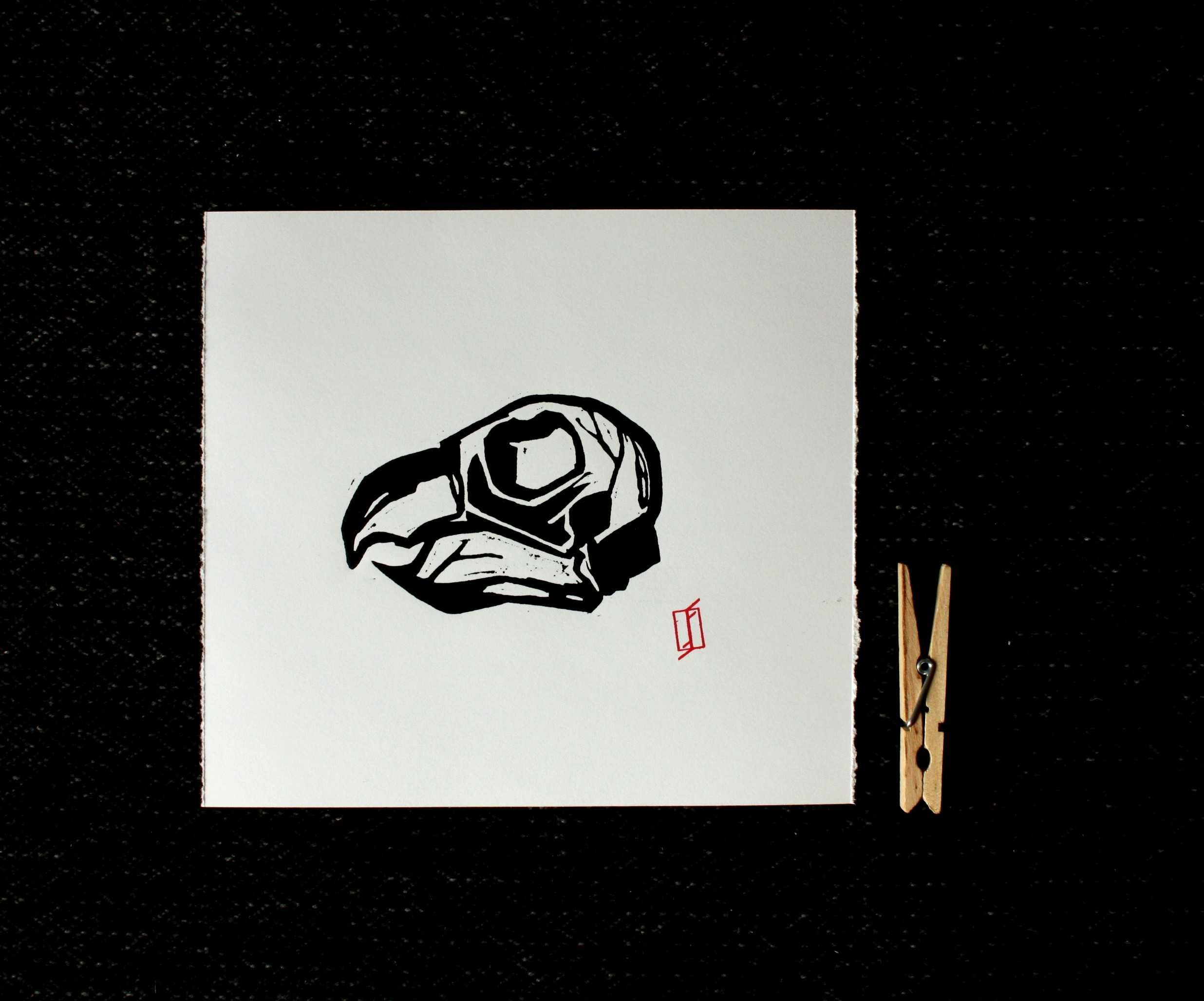 Linoryt, grafika artystyczna – Czaszka ptaka