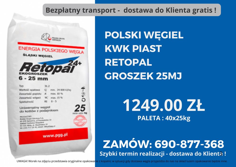 POLSKI WĘGIEL: Groszek 25MJ JARET Plus-Bezpłatna dostawa WIELICZKA !