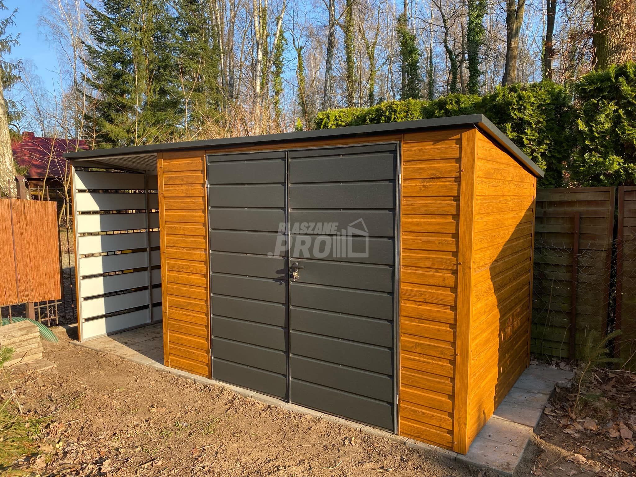 Schowek - Domek Ogrodowy 3x2m + wiata 1,5m  j. orzech spad w tył GP559
