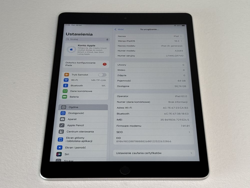 iPad 9. gen. (A2603) - 64GB - Cellular (LTE) - faktura VAT 23%