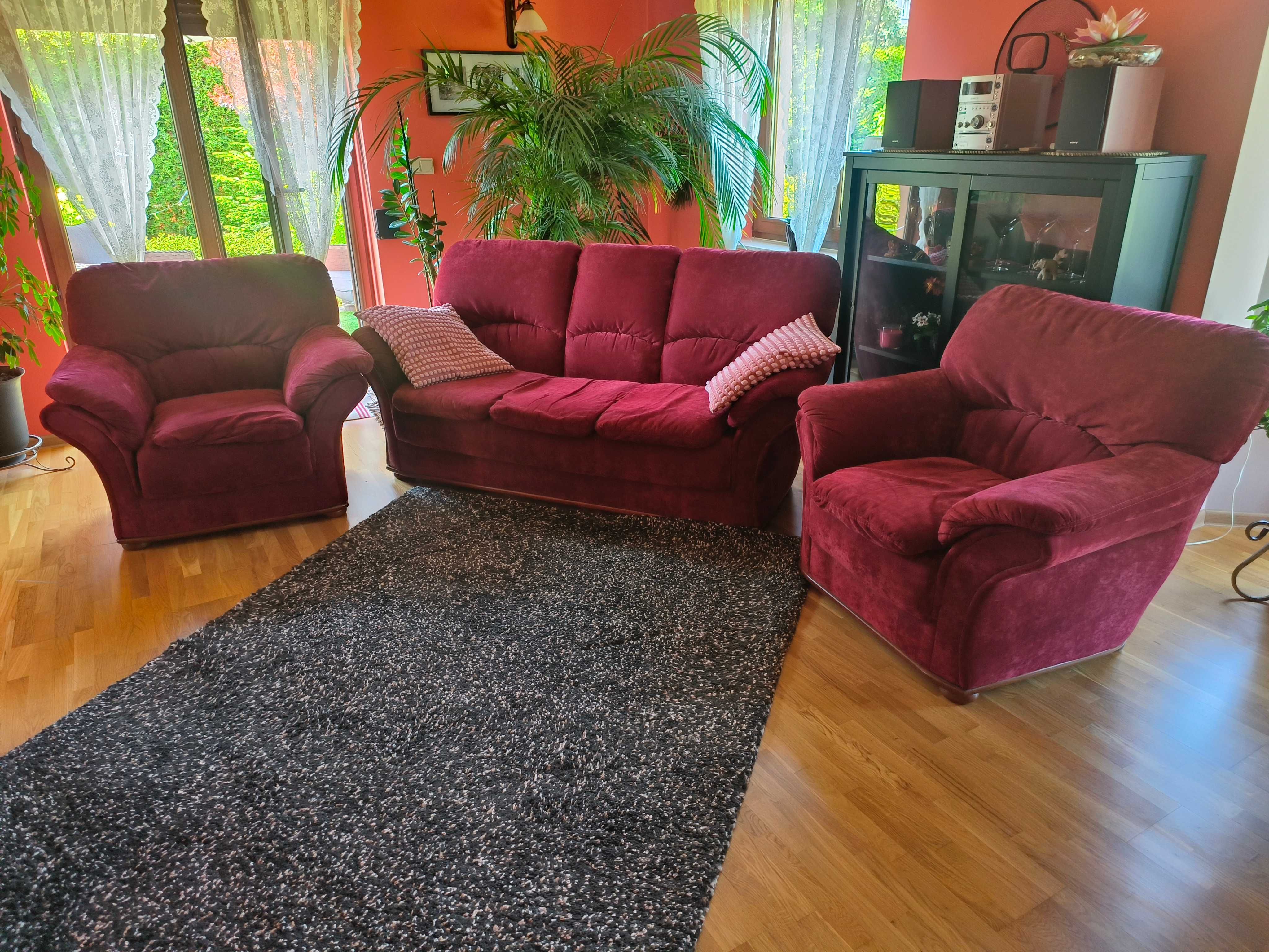 SOFA 3-osobowa koloru bordowego + 2 FOTELE