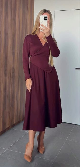 Zara sukienka z łączonych materiałów s 36 bordowa MIDI