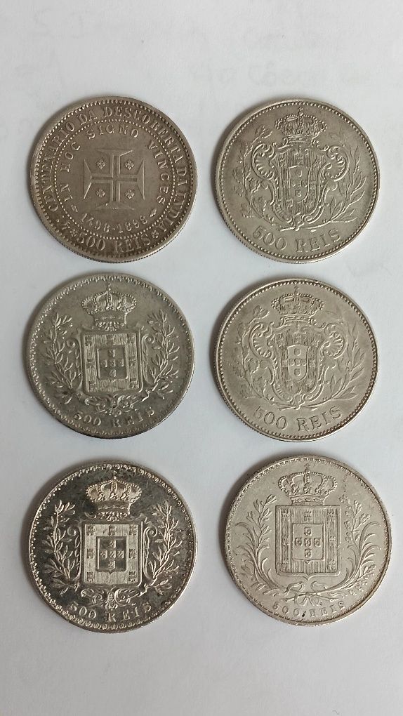 6 moedas de prata de 500 réis, diversas