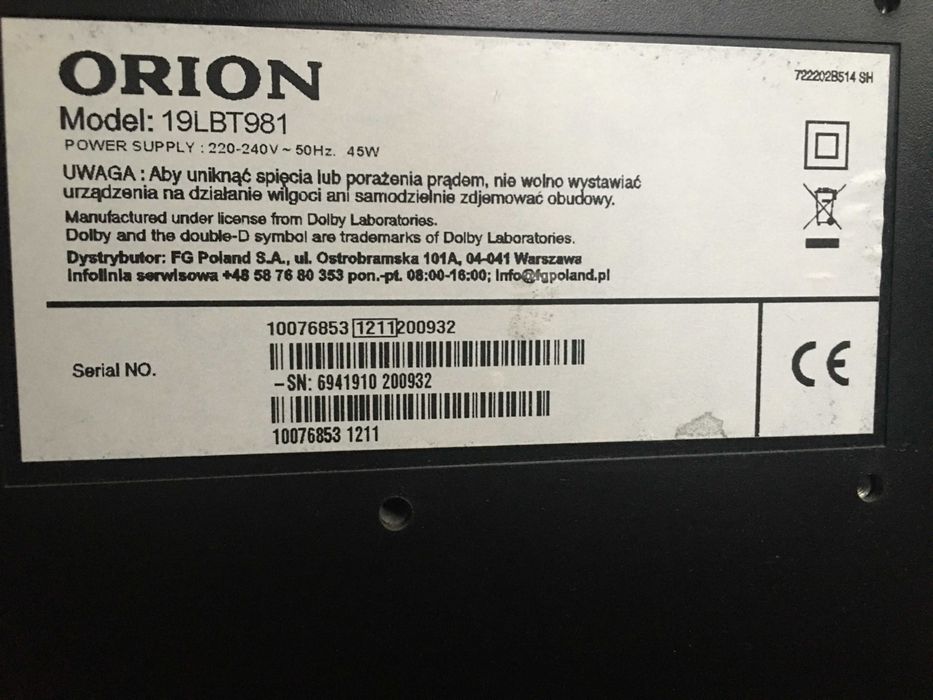 Płaski telewizor Orion 19' z pilotem
