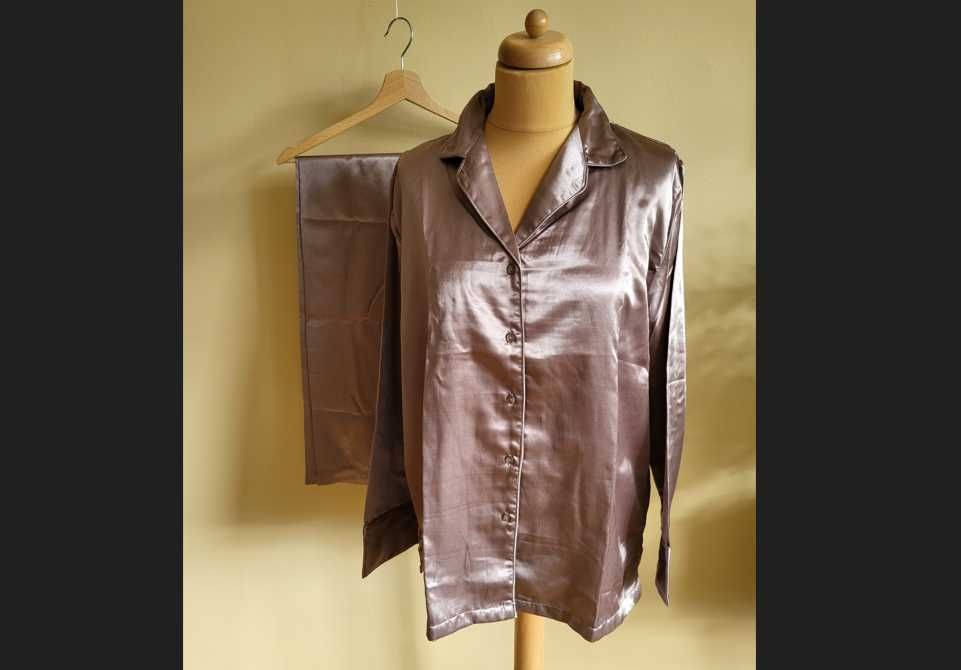 Piżama damska satynowa srebrno-brązowa/beżowa