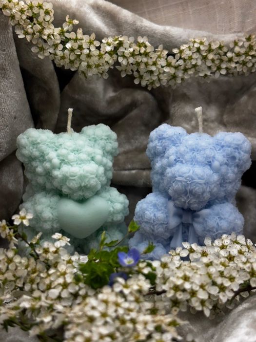 Zestaw pięknych świec świeczek dwa misie z kokardką i serduszkiem