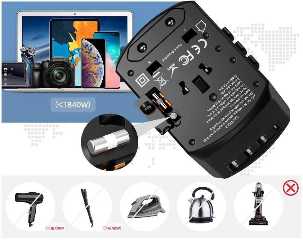 Uniwersalny adapter podróżny LENCENT 3xUSB + USB-C