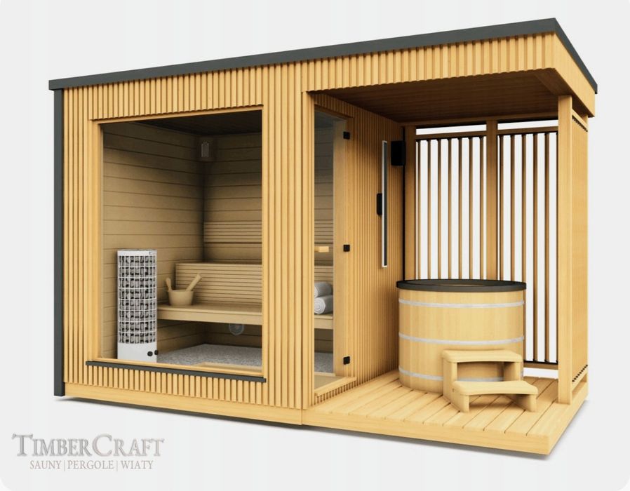 Sauna Ogrodowa PANORAMICZNA Szyba 375×200×250 | 9 kW | Całoroczna