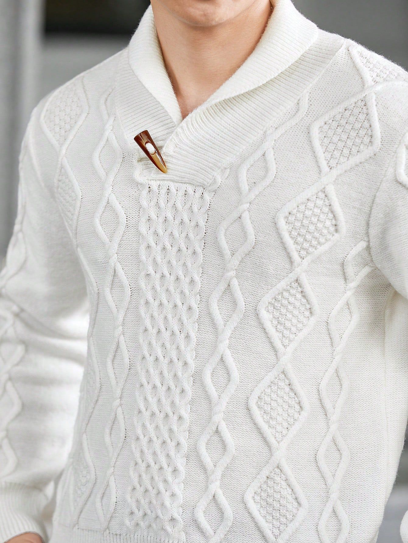 Sweter Męski Z Kołnierzykiem Biały Teksturowany Casual Shein M
