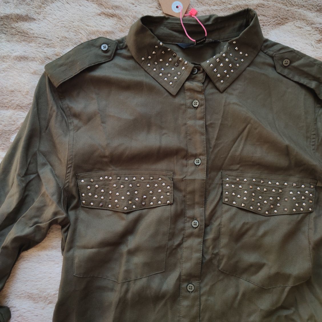 Nowa koszula khaki z ćwiekami Tally Weijl 36 S kołnierzyk guziki