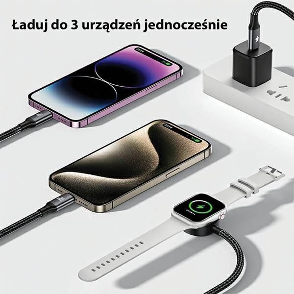 AWEI kabel W23 3w1 usb-c/lightning/watch100W/10W/2.5W czarny/black