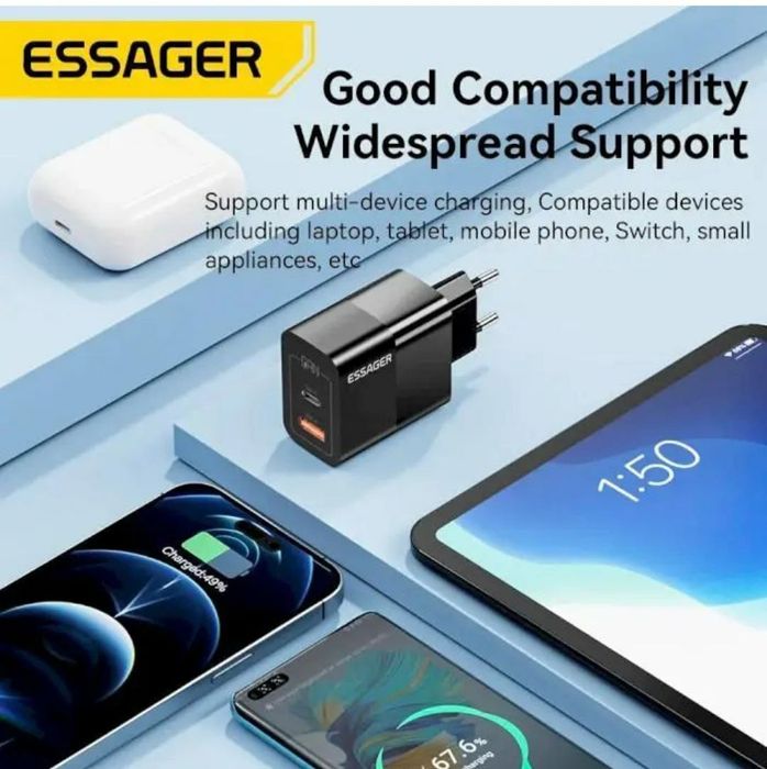 Быстрое зарядное устройство ESSAGER 33 W USB+Type-C White