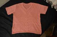 Sweter ażurowy krótki rękaw chłodny róż piękny kolor 100% bawełna XL