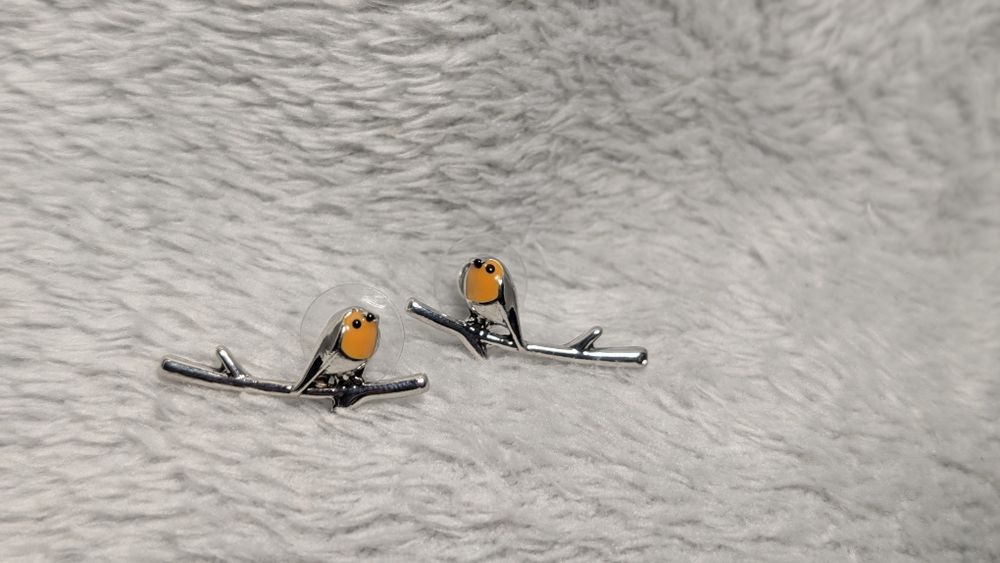 Kolczyki wkrętki ptaszki na gałęzi - rudziki