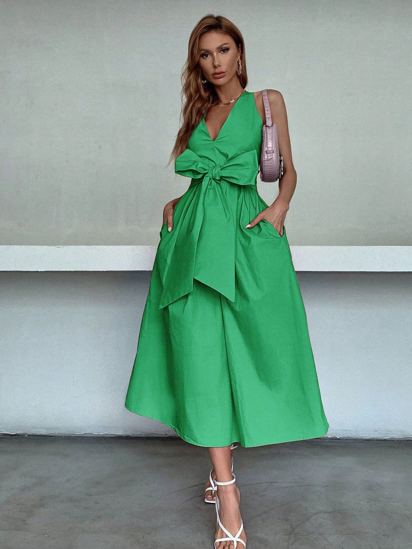 Sukienka Rozkloszowana Z Kokardą Z Przodu Midi Zielona Casual Shein L