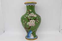 Jarra Chinesa Metal Cloisonné 20cm Verde Flor Amendoeira e Pássaro XIX
