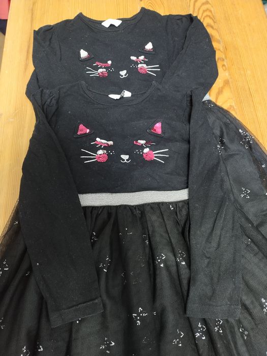 Dwie czarne sukienki na Halloween z kotem Primark 122 6-7 lat