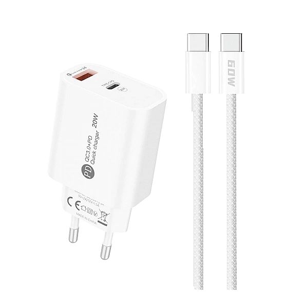 Ładowarka sieciowa A6MaxL 20W USB-A USB-C z kablem USB-C - USB-C 1m -