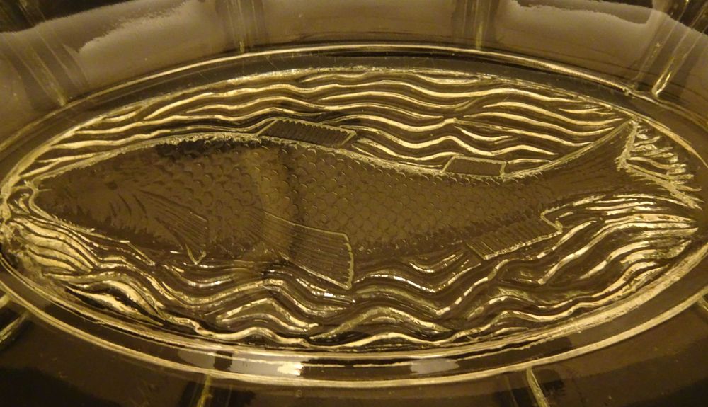 Półmisek ryba, dwie śledziówki, Ząbkowice, szkło Prl, vintage