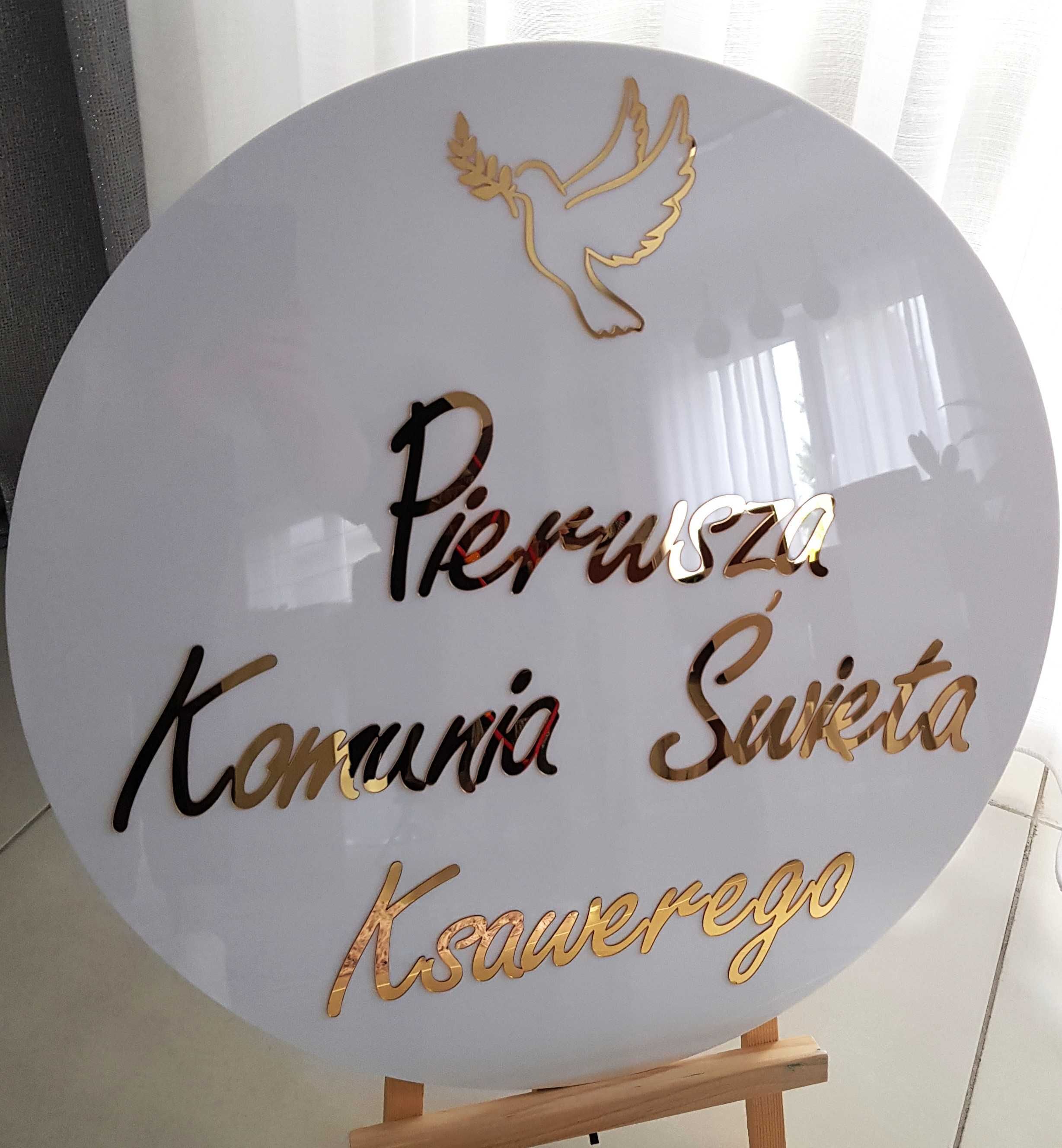 Dekoracja komunia, ślub. Koło tablica powitalna złoty napis