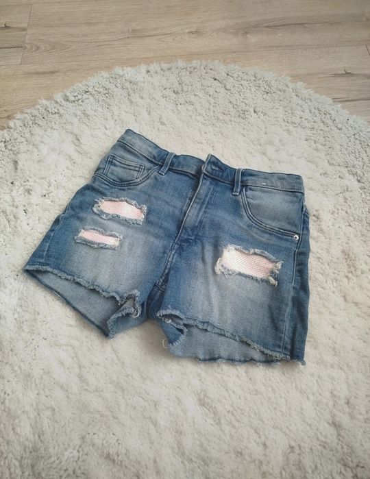 Jeansowe krótkie spodenki z roztarciami H&M 158cm/13lat