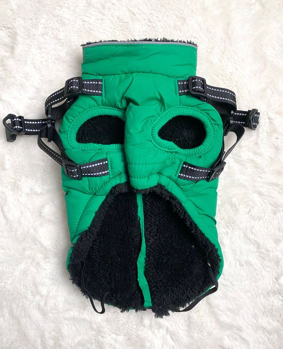 zielona kurtka dla psa z szelkami z uprzężą york z futerkiem M 30cm