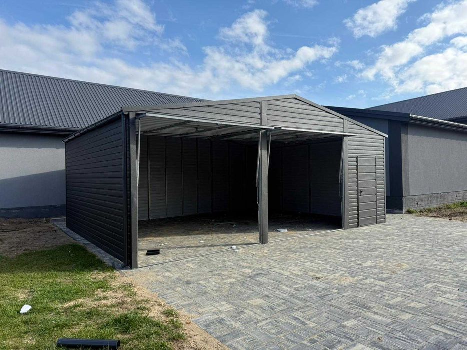 Garaż blaszany dwustanowiskowy 8x6 dwuspadowy, Bramy uchylne, Grafit