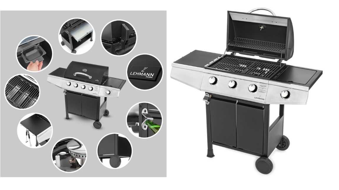 Grill gazowy ogrodowy żeliwny Lehmann Texas ruszt 3+1 czarny, srebrny