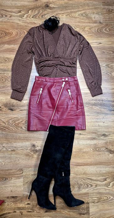 Stradivarius burgundowa spódniczka z ekoskóry r.34 XS