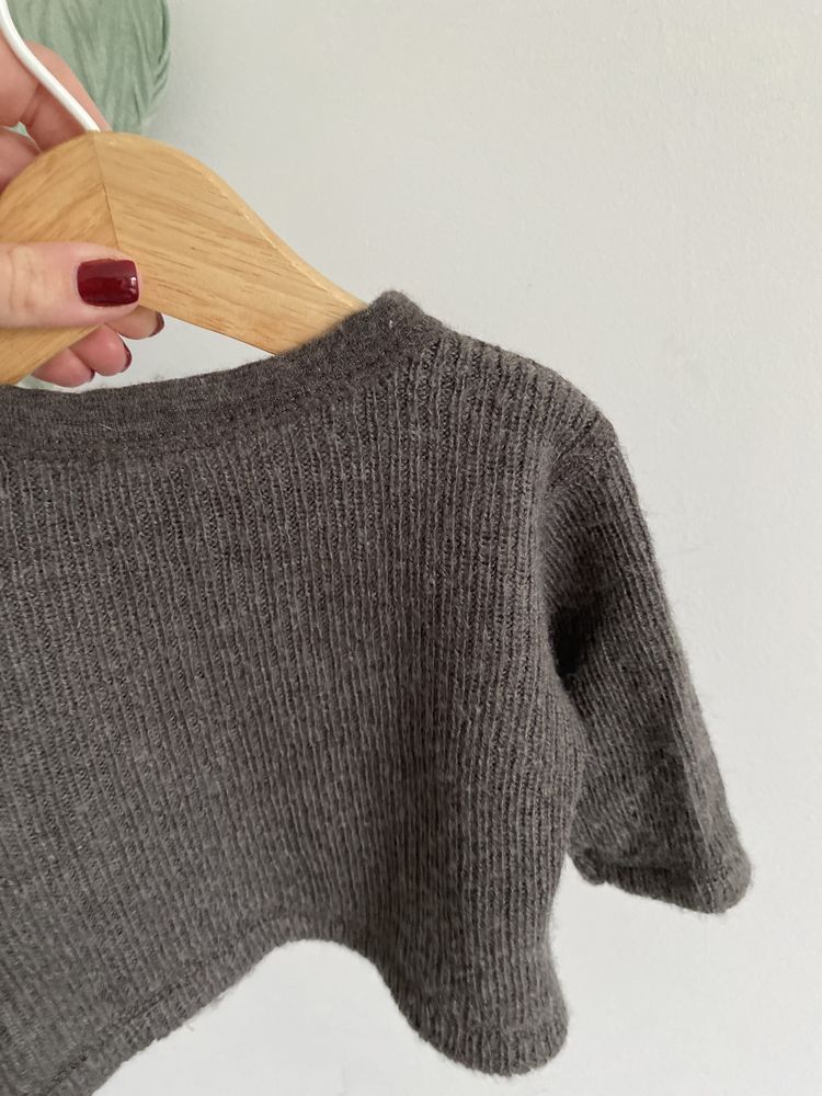 Sweter wełna merino 100% 56 brązowo szary guziki