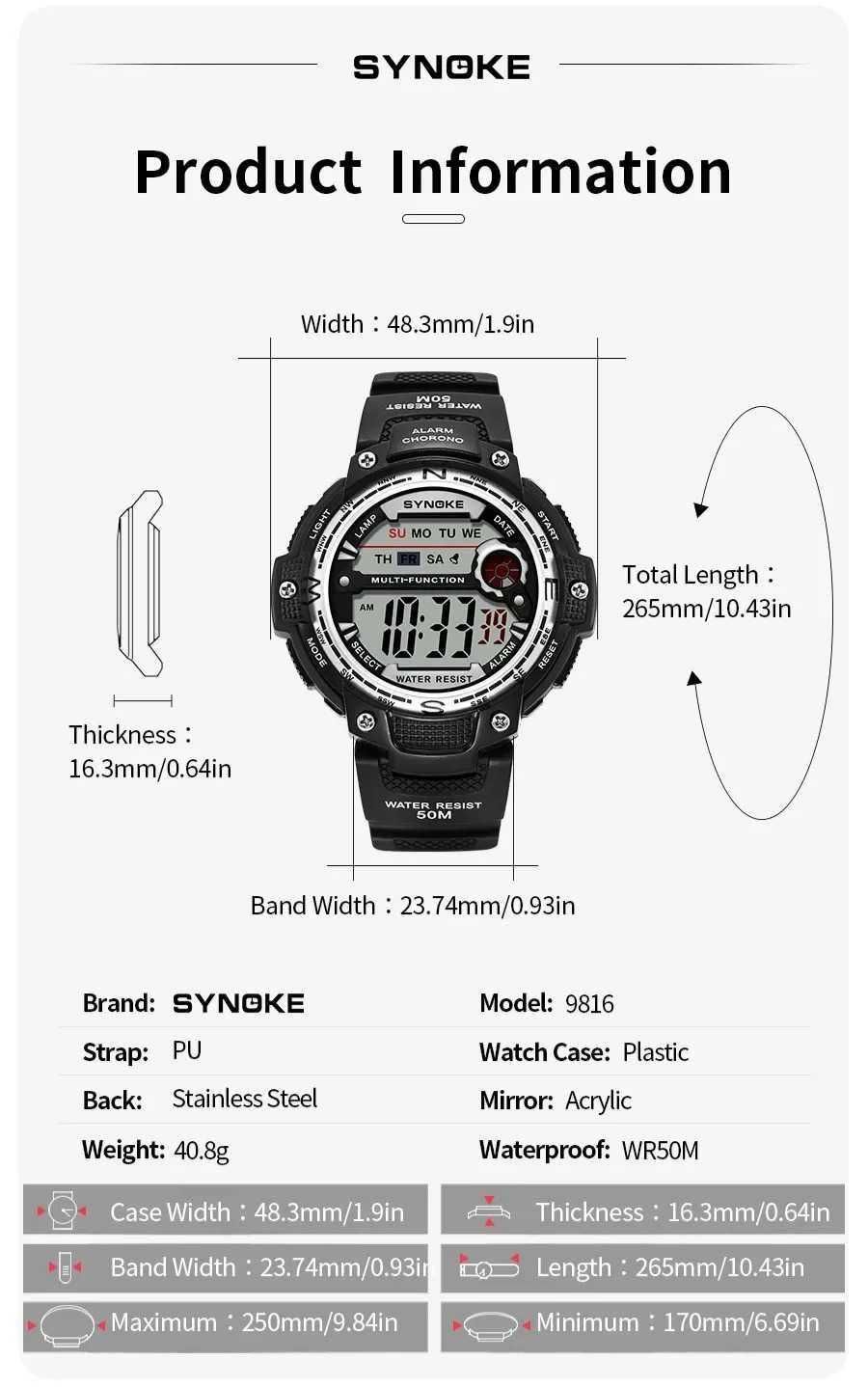 Zegarek męski Synoke elektroniczny cyfrowy WR50 sportowy stoper alarm