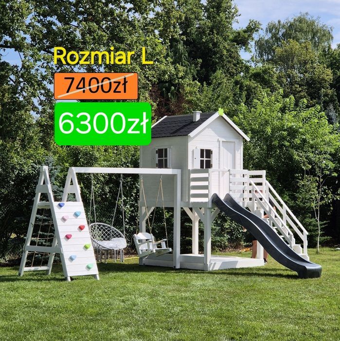 Plac zabaw "prosty" domek dla dzieci. Rozm. L. Huśtawki, wspinaczka