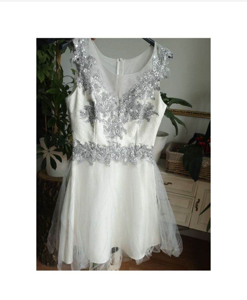 Srebrna sukienka mini tiulowa haft haftowana xs 34 why not  cekinowa