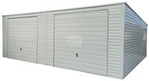 Garaż blaszany 8x7m 2x brama uchylna rynny dach spad w tył GP524