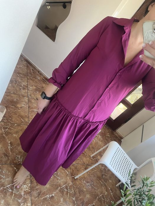 Fioletowa sukienka M midi elegancka koszulowa