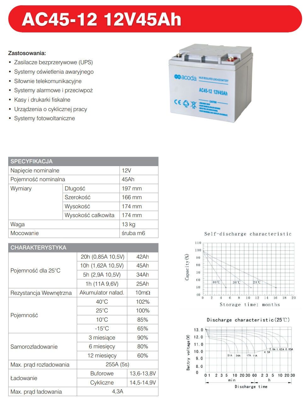 Акумулятор acoda ac45-12 12V45Ah