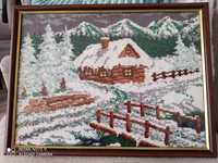 Obraz haftowany "Górska chata zimą"